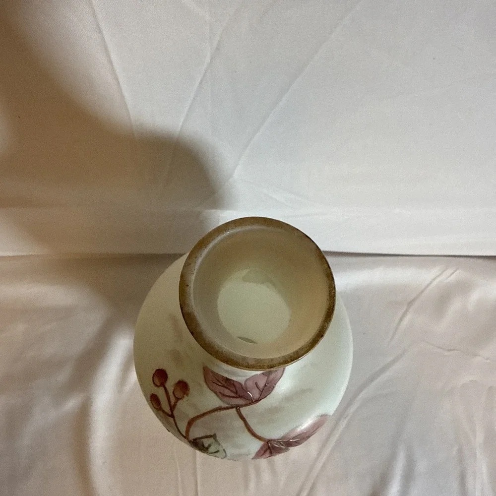 Vintage Hand Painted Satin Milk Glass Floral Vase Purple Yellow 9.75